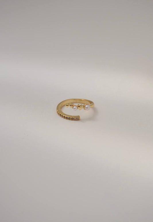 ANILLO ABIERTO CIRCONES Y PERLAS CON CORAZÓN