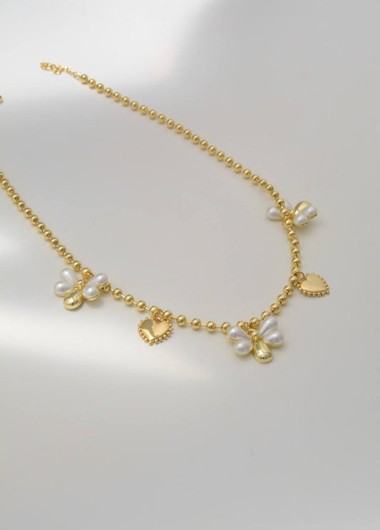 CADENA MARIPOSA PERLAS Y CORAZONES